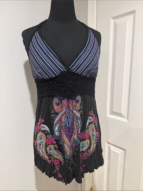Buffalo David Bitton Black halter top  with Mult Paisley & Striped XL festival